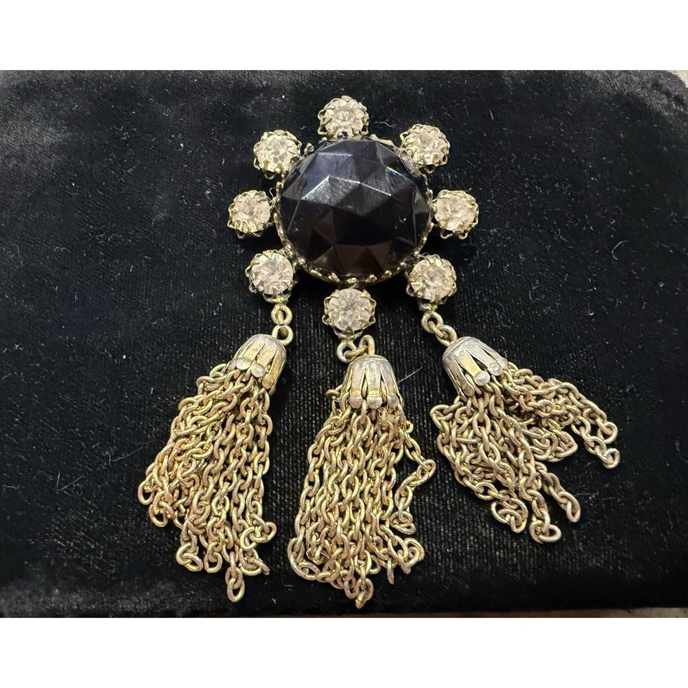 Vintage Freirich‎ Black Glass Brooch with Gold Tassels & Rhinestones